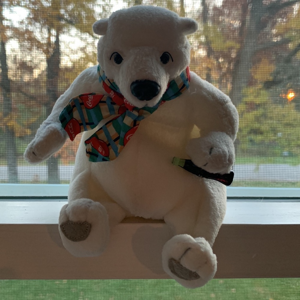 Collectible 1999 Coca Cola White Polar Bear Beanie about 6” tall and 5” wide